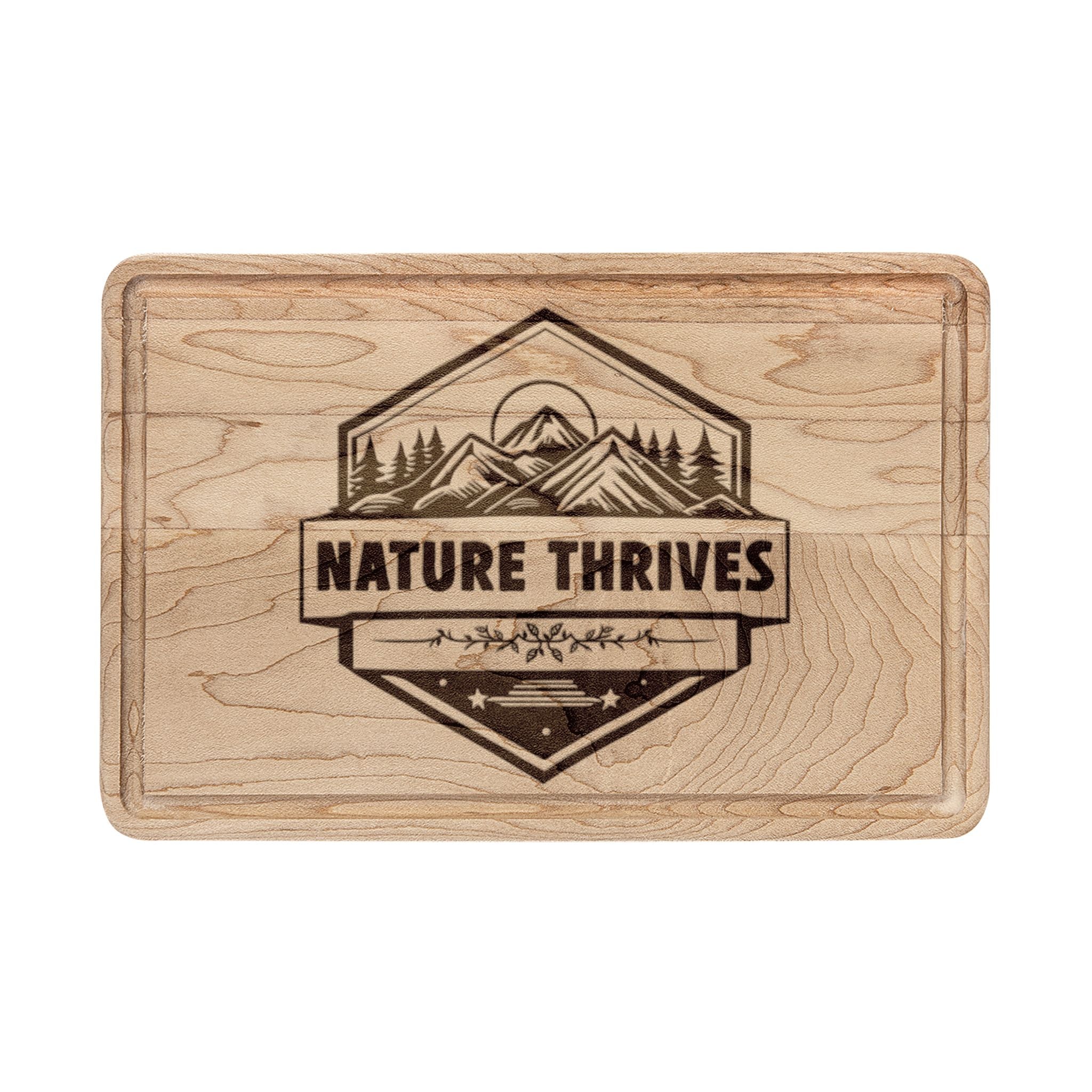 Engraved 'Nature Thrives' Wooden Cutting Board — Rustic Mountain Kitchen Gift