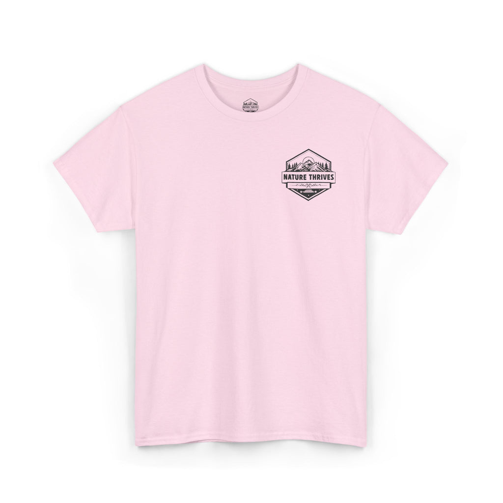Pink t-shirt with a black logo on a white background